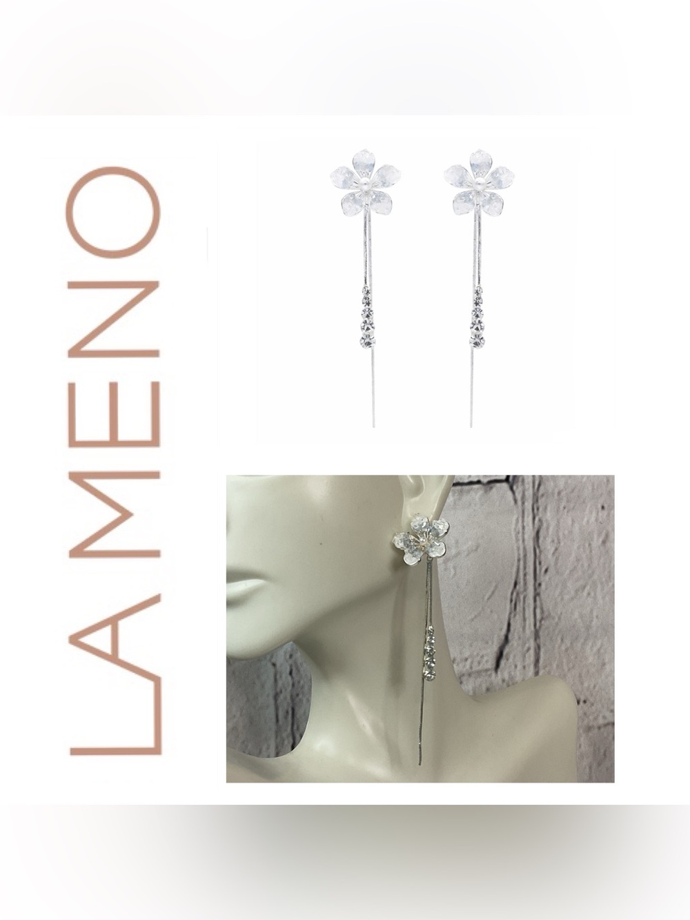 🌟🌟 Lameno Silver Flower Drop Earrings with Crystal Accents